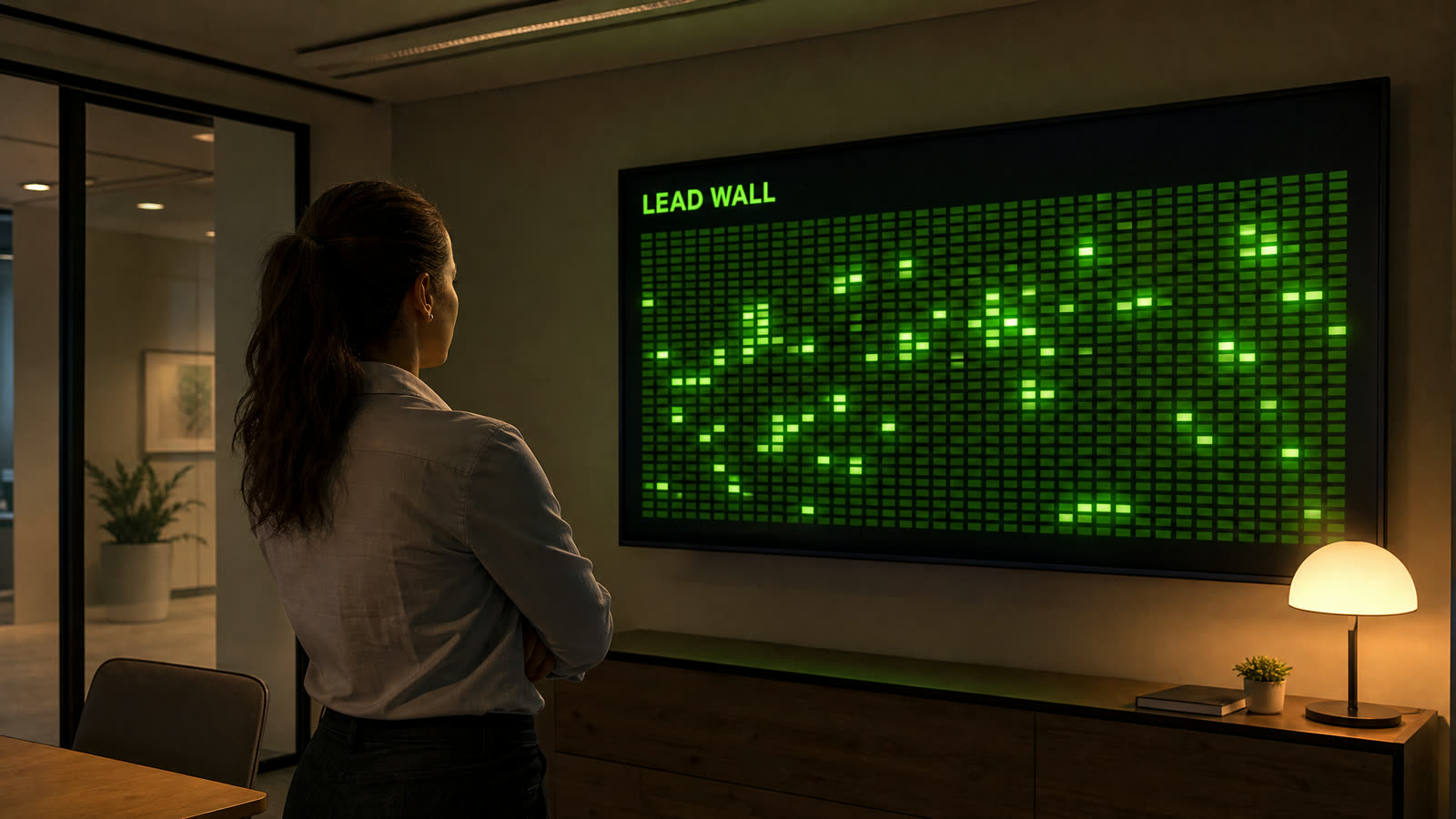 A manager watching a wall display where a band of dormant records lights up brighter than the rest.