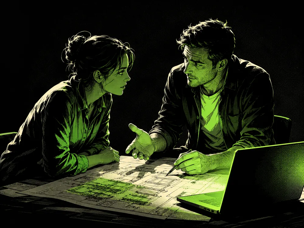 An advisor and a business owner working through the Blueprint together over a set of drawings.